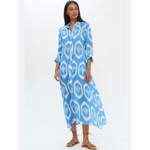 Oliphant Blue Ikat Cotton Silk Button Front Maxi Dress XS Long Sleeve Collar